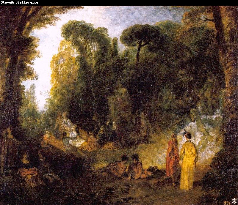 WATTEAU, Antoine Gathering by the Fountain of Neptune